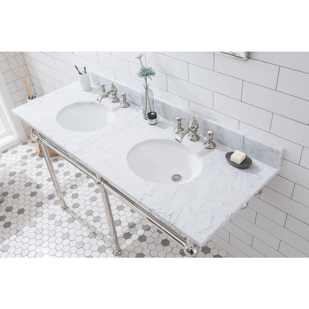 60 In. W. Double Wash Stand, P-Trap, Carrara White Marble Countertop