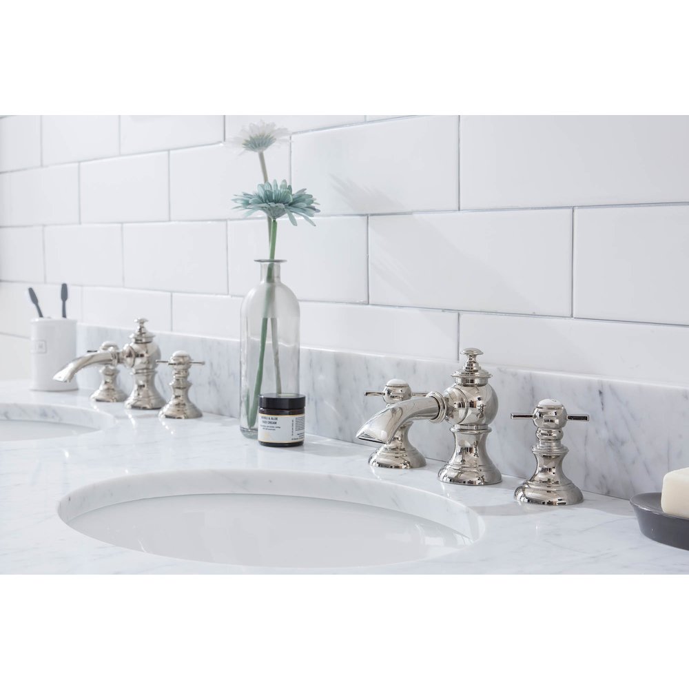 60 In. W. Double Wash Stand, P-Trap, Carrara White Marble Countertop