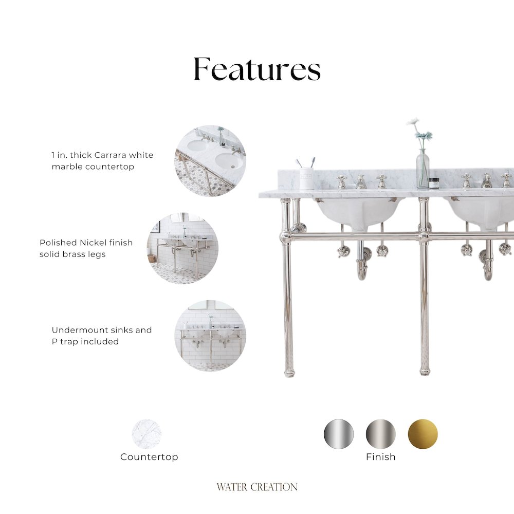 60 In. W. Double Wash Stand, P-Trap, Carrara White Marble Countertop
