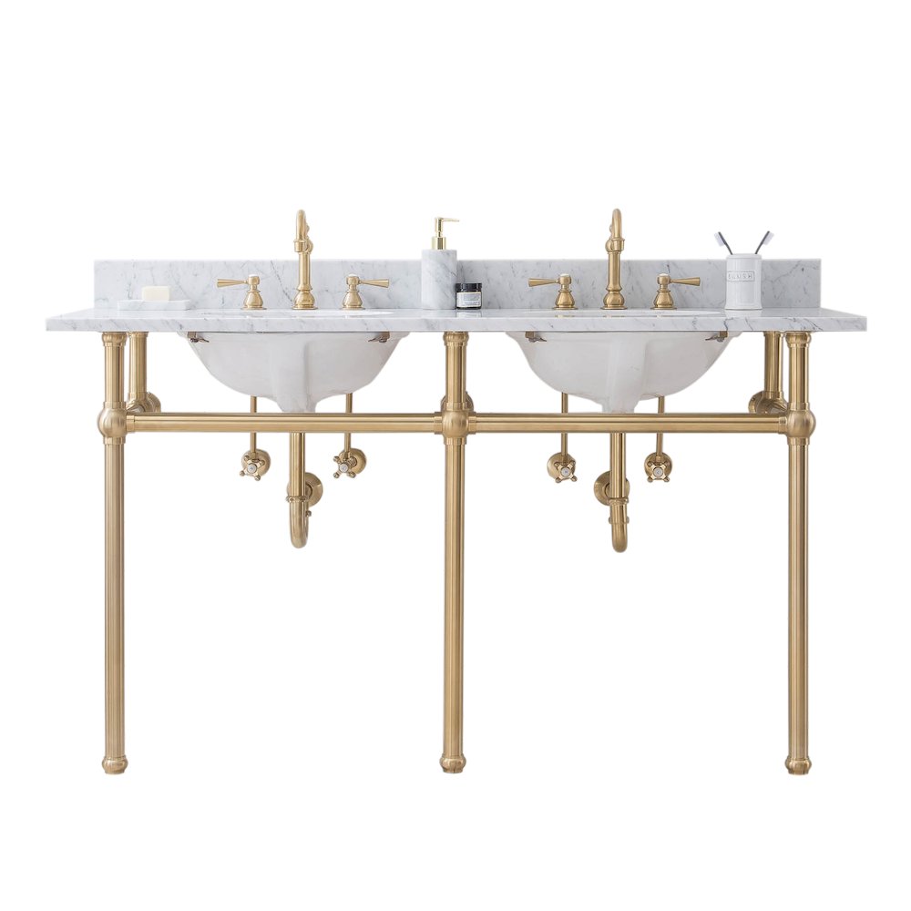 60 In. W. Double Wash Stand, P-Trap, Carrara White Marble Countertop