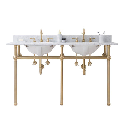 60 In. W. Double Wash Stand, P-Trap, Carrara White Marble Countertop