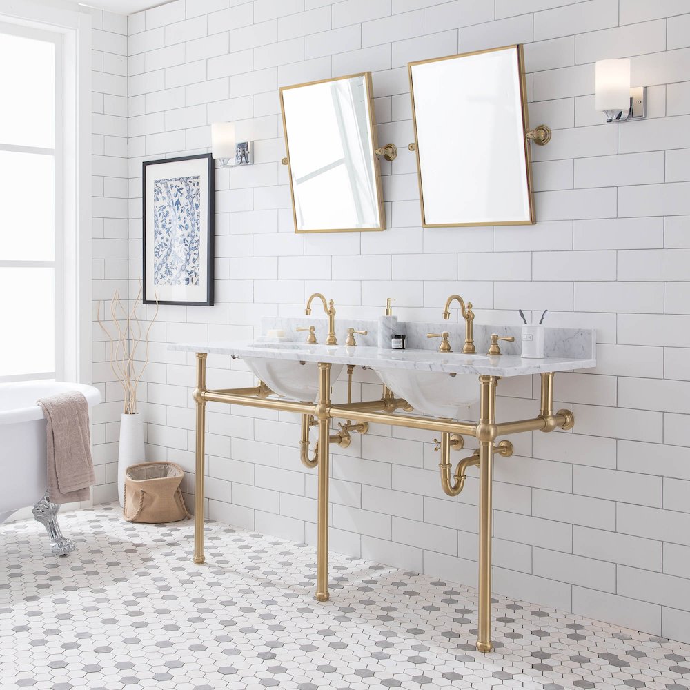 60 In. W. Double Wash Stand, P-Trap, Carrara White Marble Countertop