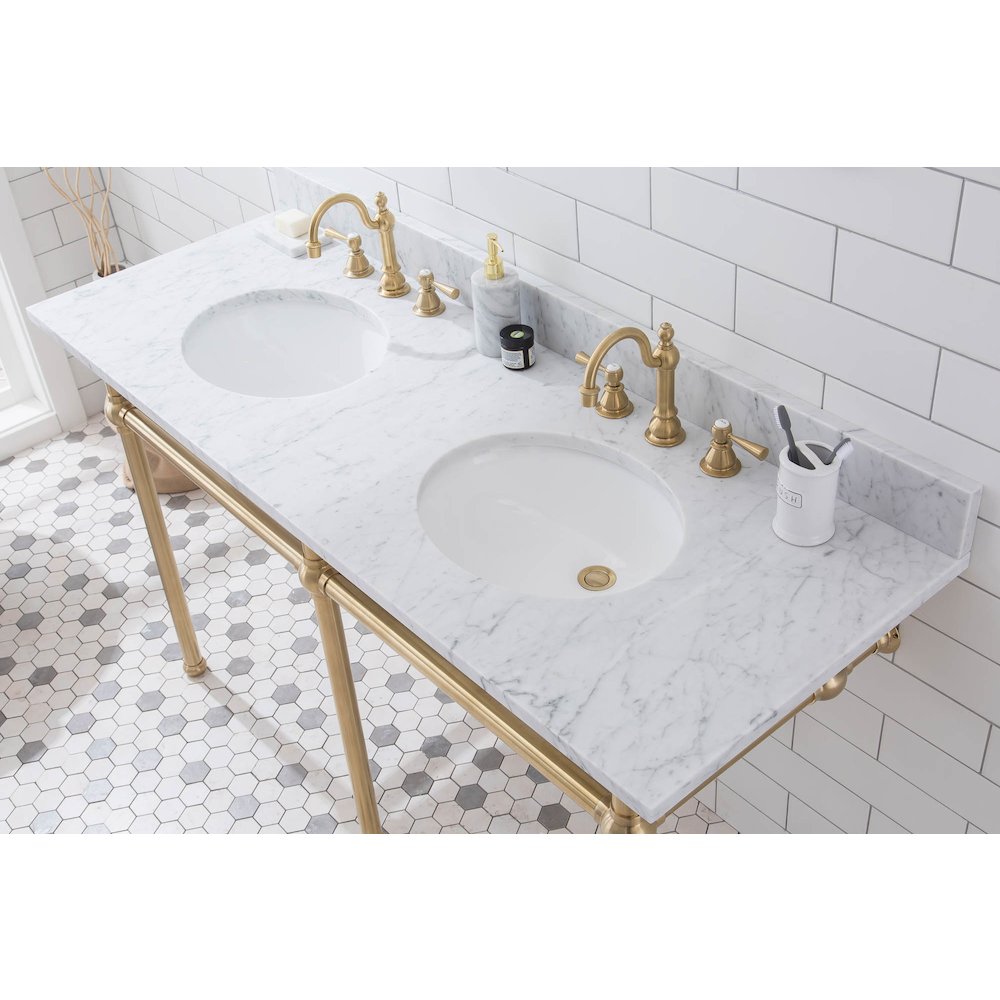 60 In. W. Double Wash Stand, P-Trap, Carrara White Marble Countertop