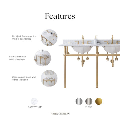 60 In. W. Double Wash Stand, P-Trap, Carrara White Marble Countertop