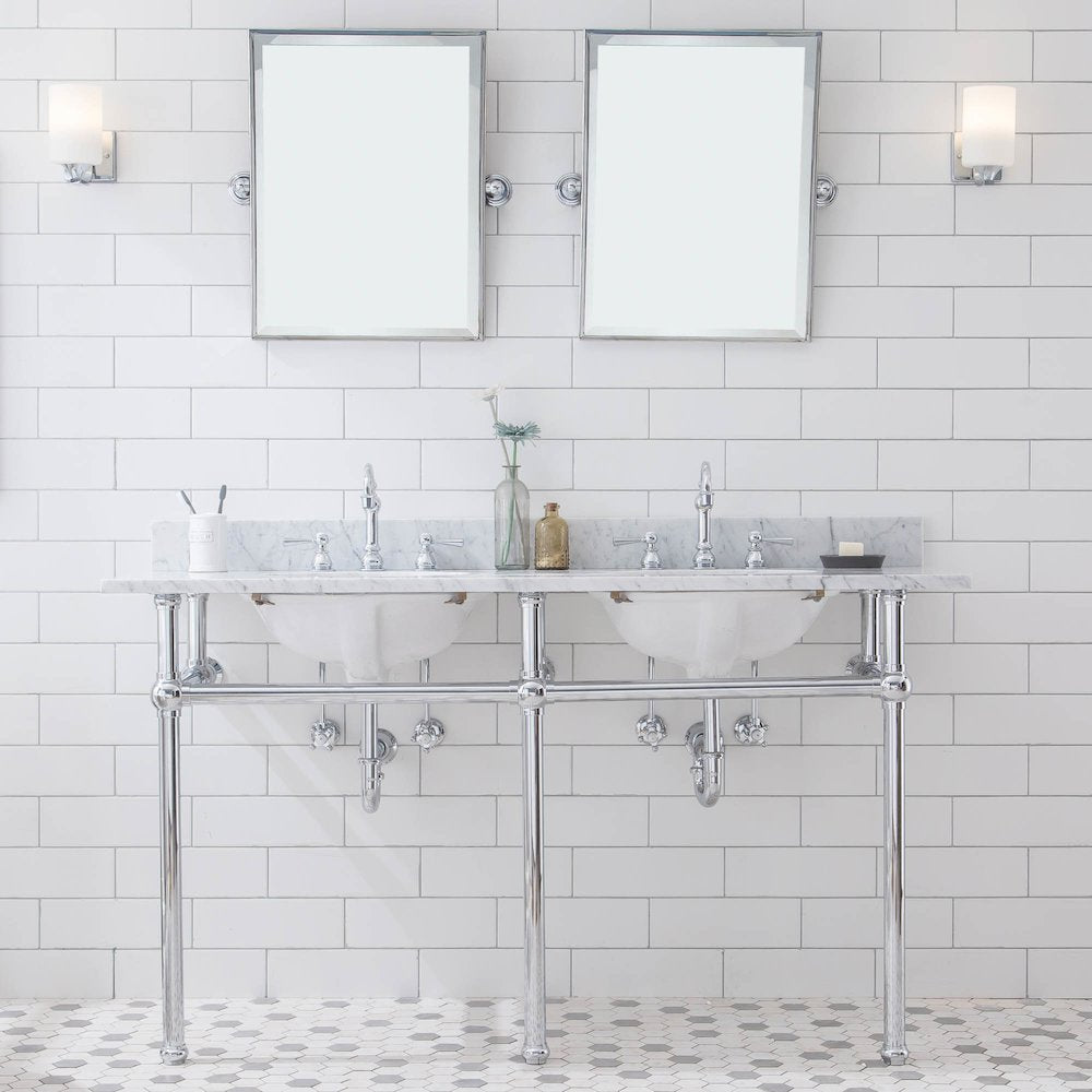 60 In. W. Double Wash Stand, P-Trap, Carrara White Marble Countertop