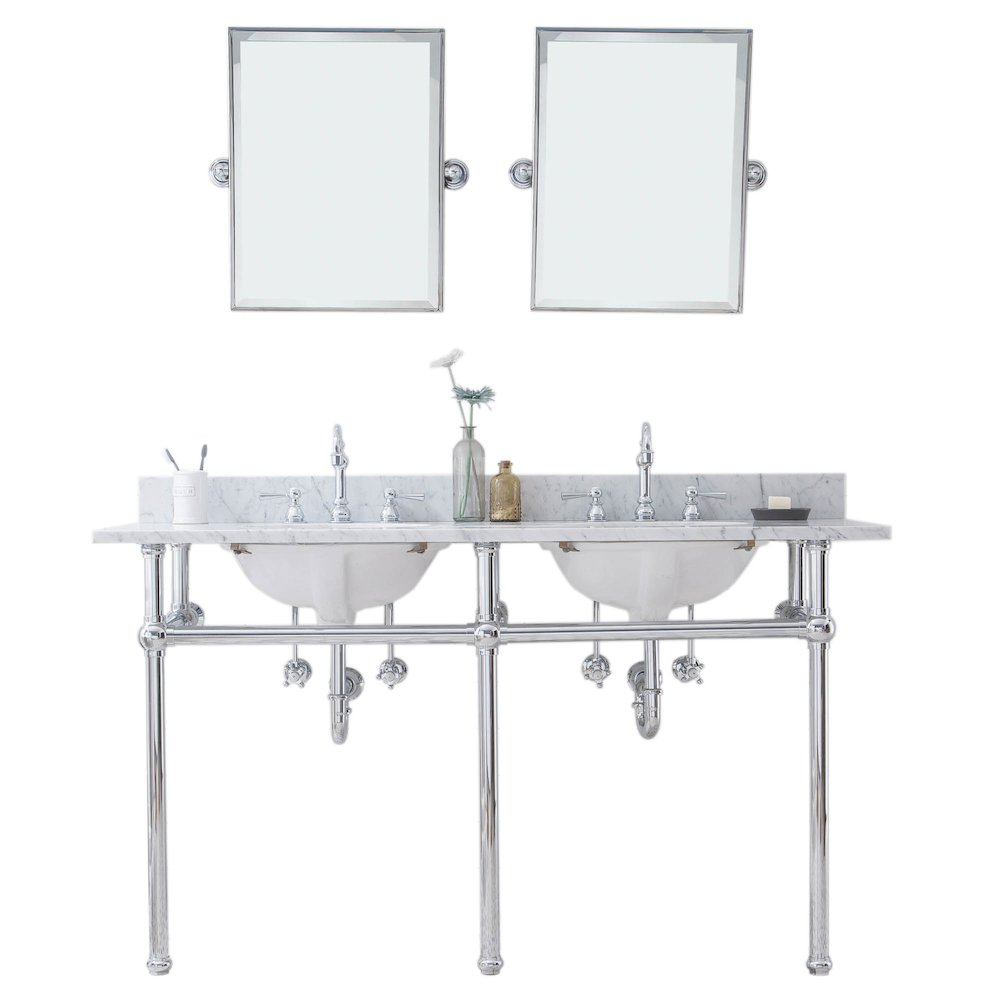60 In. W. Double Wash Stand, P-Trap, Carrara White Marble Countertop