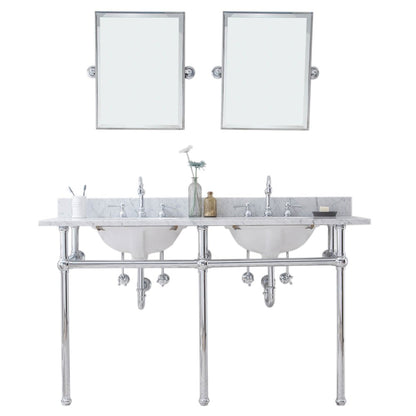 60 In. W. Double Wash Stand, P-Trap, Carrara White Marble Countertop