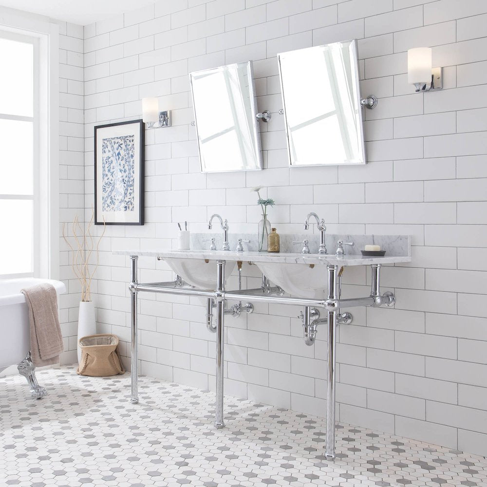 60 In. W. Double Wash Stand, P-Trap, Carrara White Marble Countertop
