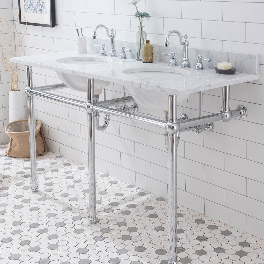 60 In. W. Double Wash Stand, P-Trap, Carrara White Marble Countertop