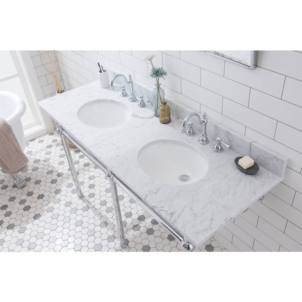60 In. W. Double Wash Stand, P-Trap, Carrara White Marble Countertop