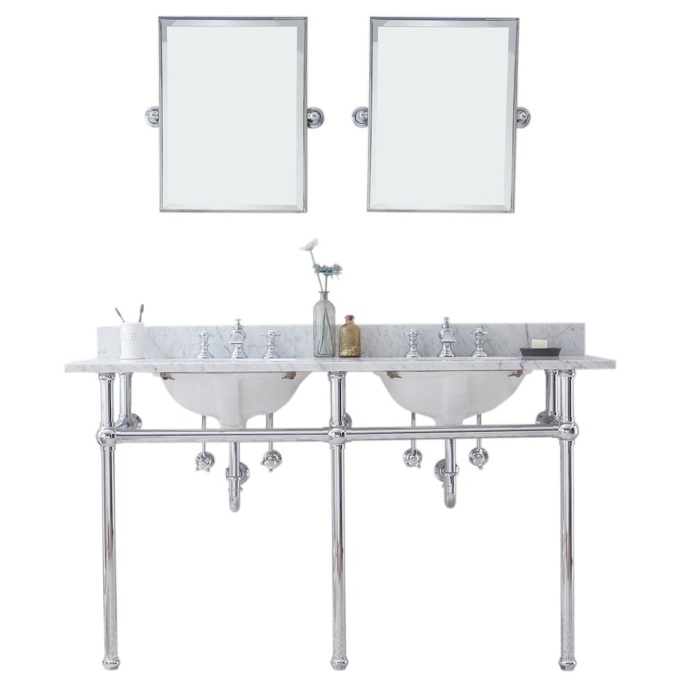 60 In. W. Double Wash Stand, P-Trap, Carrara White Marble Countertop