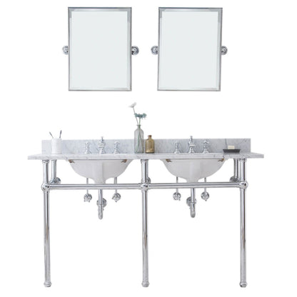 60 In. W. Double Wash Stand, P-Trap, Carrara White Marble Countertop