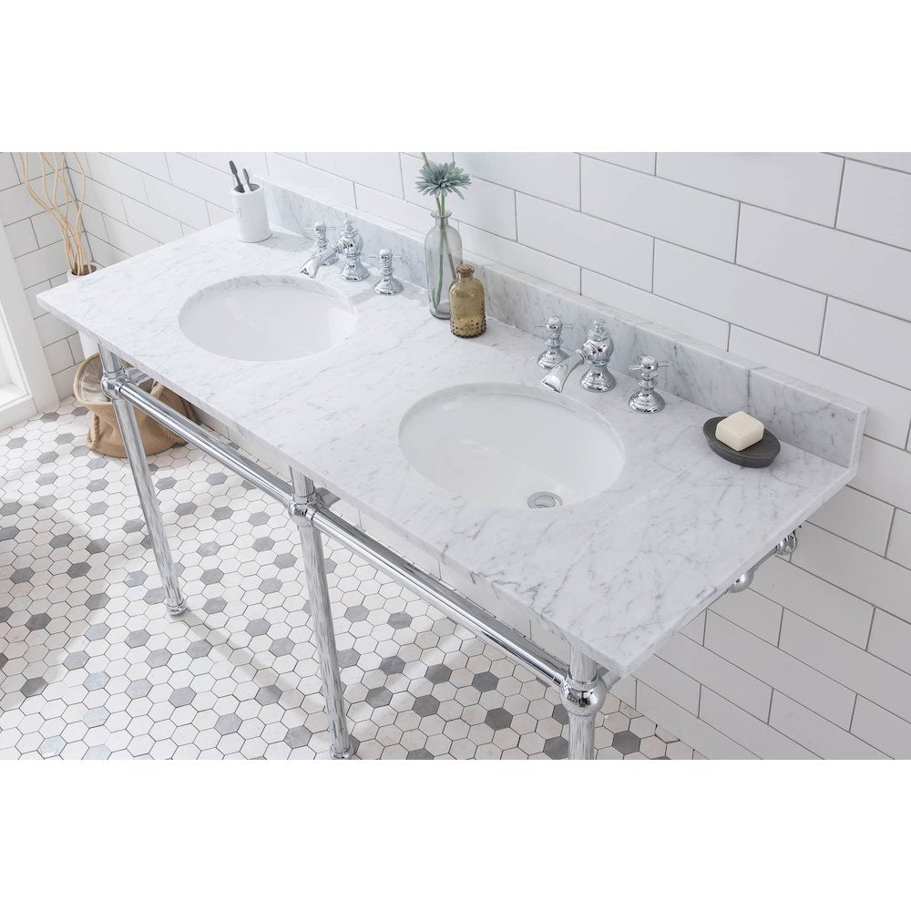 60 In. W. Double Wash Stand, P-Trap, Carrara White Marble Countertop