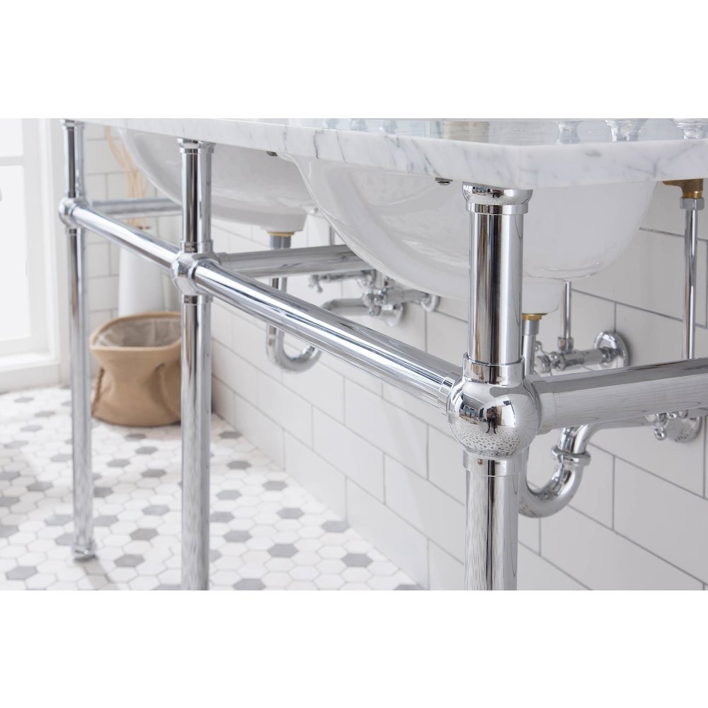 60 In. W. Double Wash Stand, P-Trap, Carrara White Marble Countertop