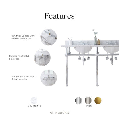 60 In. W. Double Wash Stand, P-Trap, Carrara White Marble Countertop