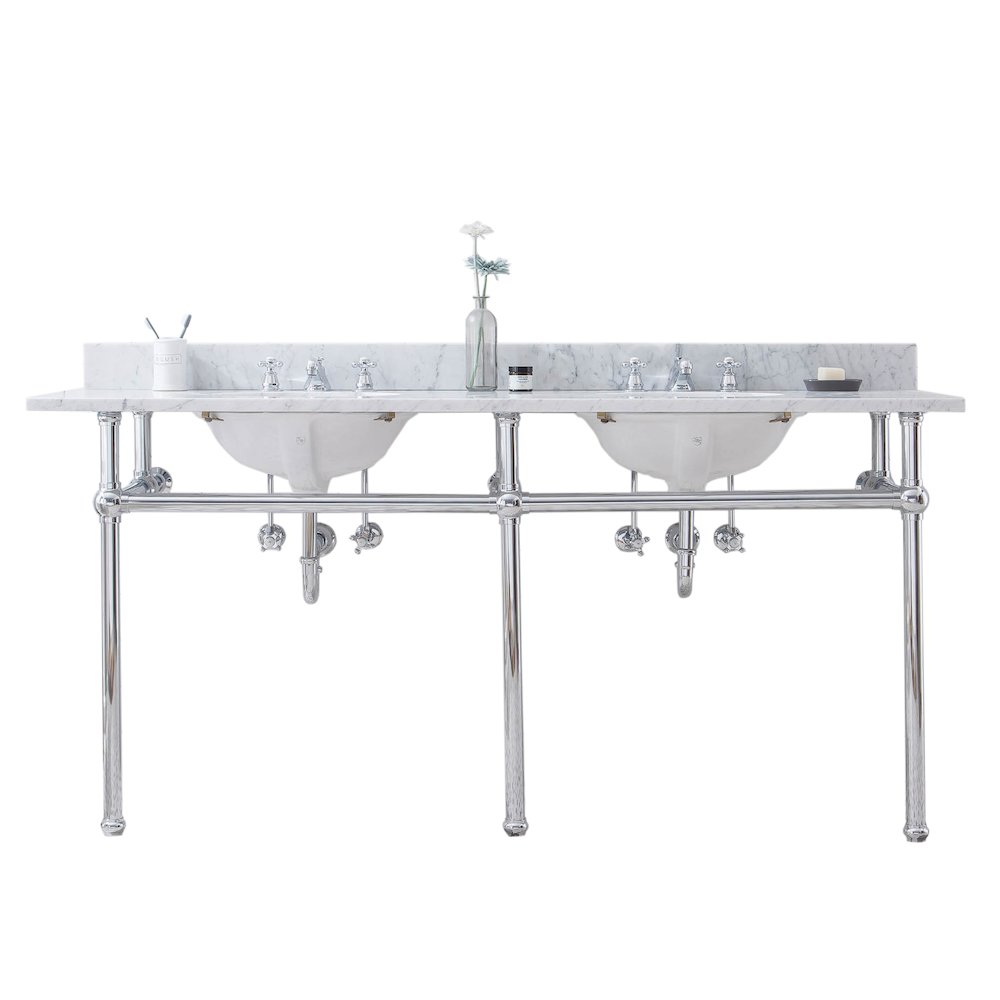 72 In. W. Double Wash Stand, P-Trap, and Carrara White Marble Countertop