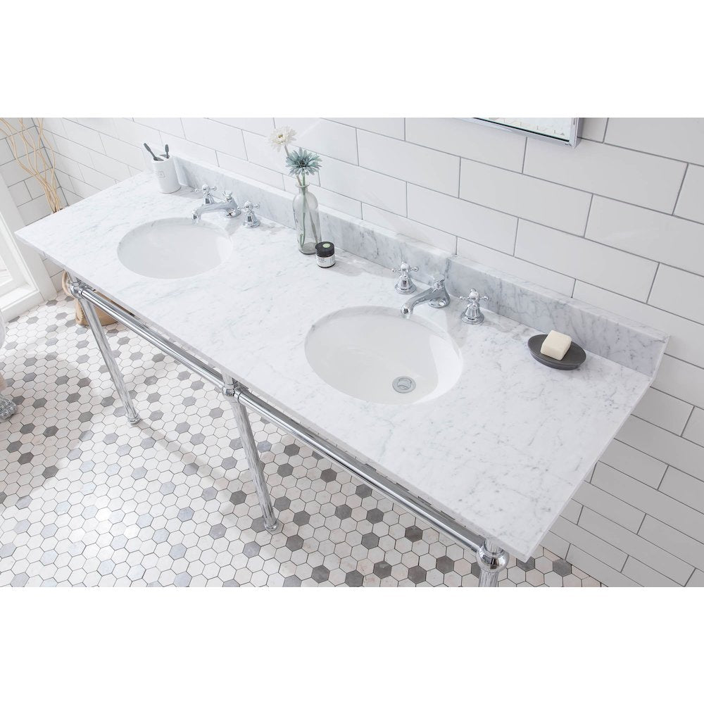 72 In. W. Double Wash Stand, P-Trap, and Carrara White Marble Countertop
