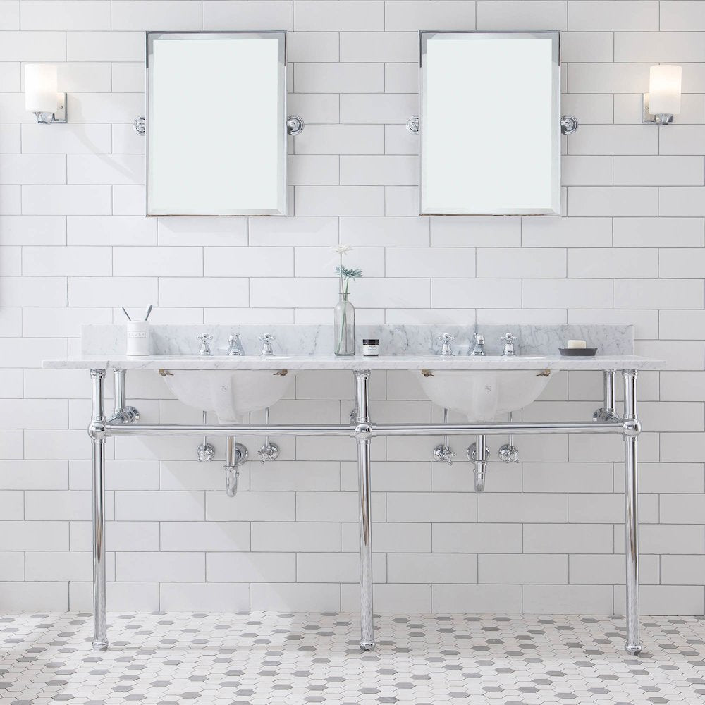72 In. W. Double Wash Stand, P-Trap, Carrara White Marble Countertop