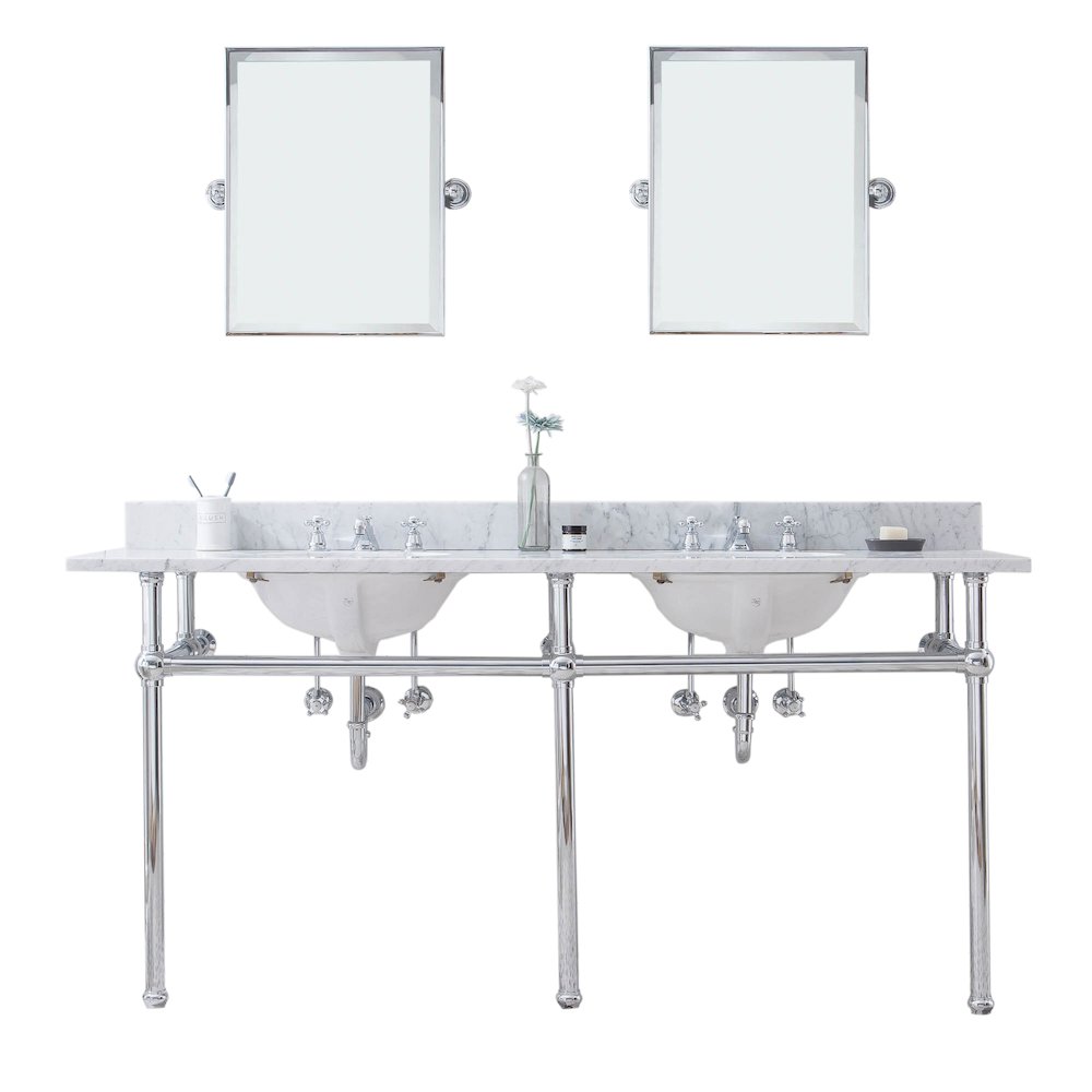 72 In. W. Double Wash Stand, P-Trap, Carrara White Marble Countertop
