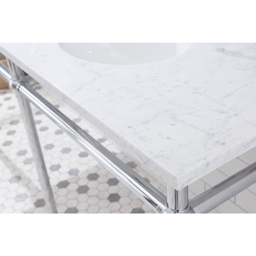 72 In. W. Double Wash Stand, P-Trap, Carrara White Marble Countertop