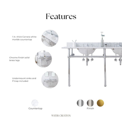 72 In. W. Double Wash Stand, P-Trap, Carrara White Marble Countertop