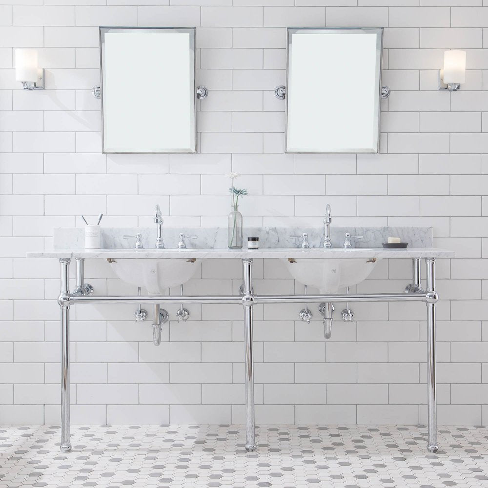 72 In. W. Double Wash Stand, P-Trap, Carrara White Marble Countertop