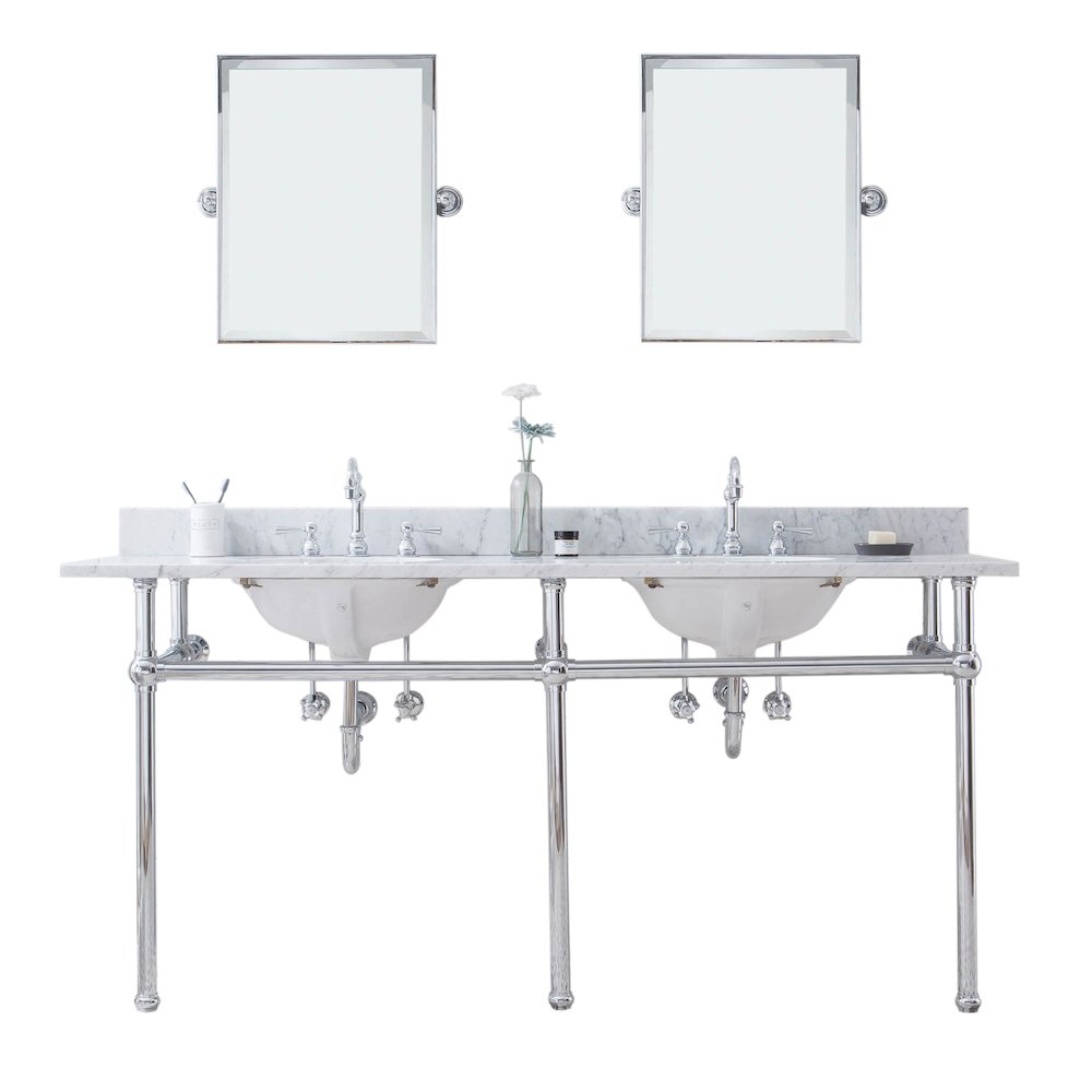 72 In. W. Double Wash Stand, P-Trap, Carrara White Marble Countertop