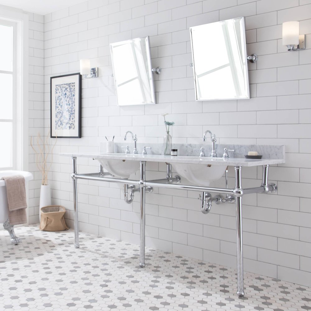72 In. W. Double Wash Stand, P-Trap, Carrara White Marble Countertop