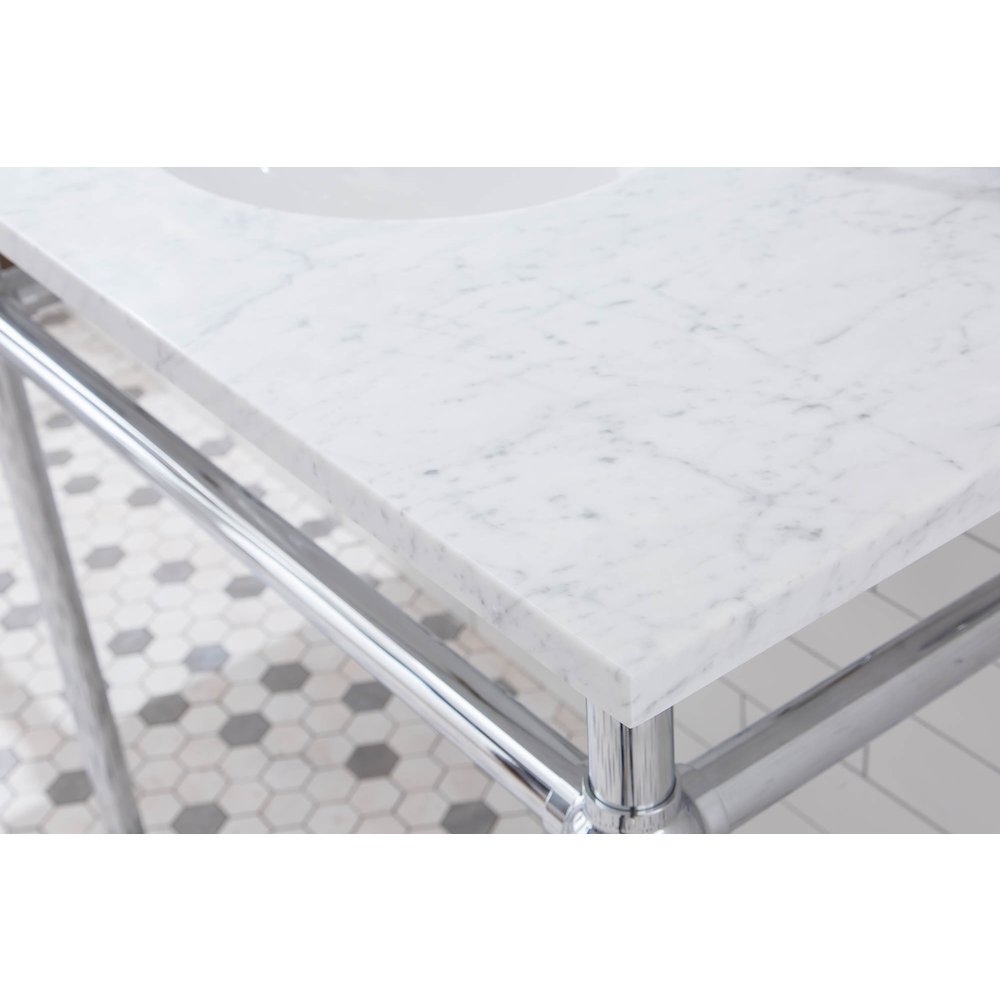 72 In. W. Double Wash Stand, P-Trap, Carrara White Marble Countertop