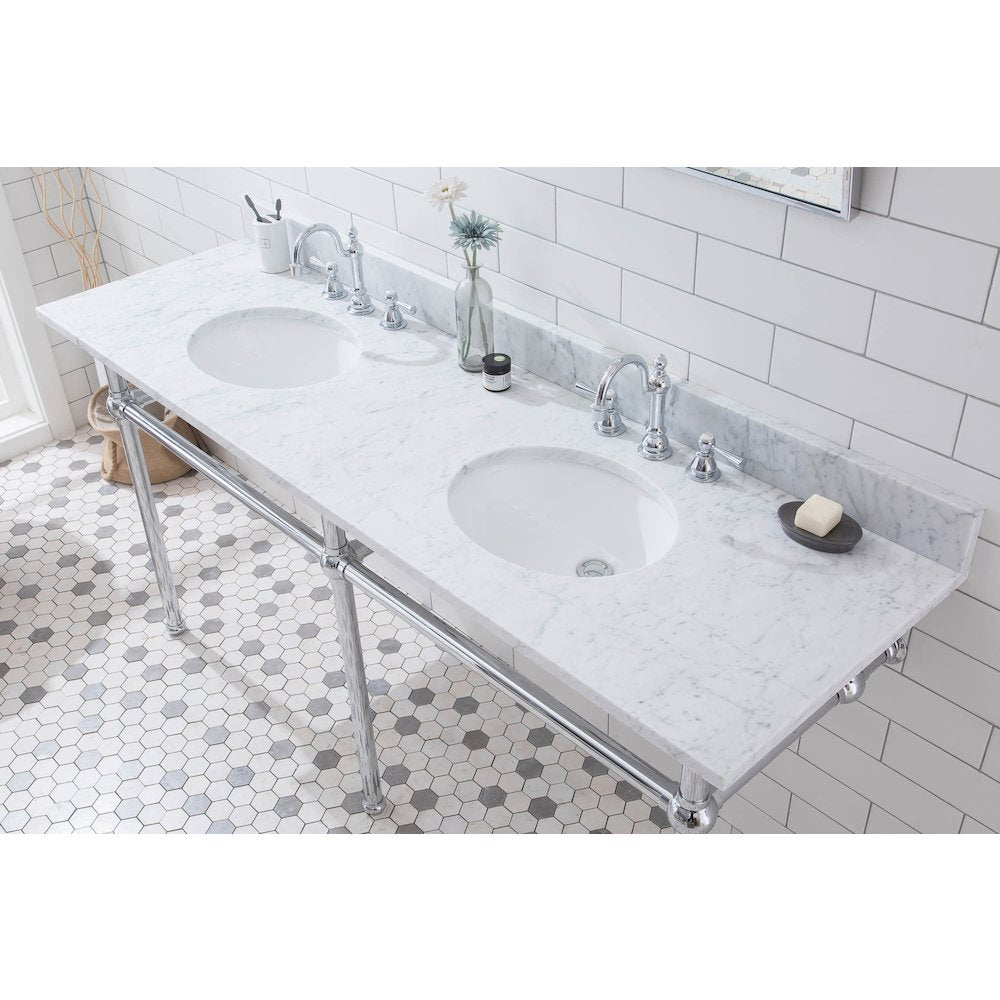 72 In. W. Double Wash Stand, P-Trap, Carrara White Marble Countertop