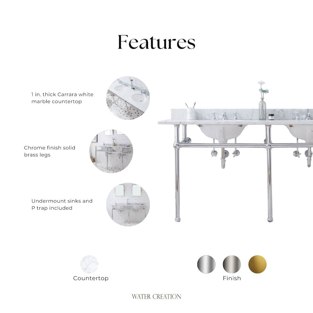 72 In. W. Double Wash Stand, P-Trap, Carrara White Marble Countertop