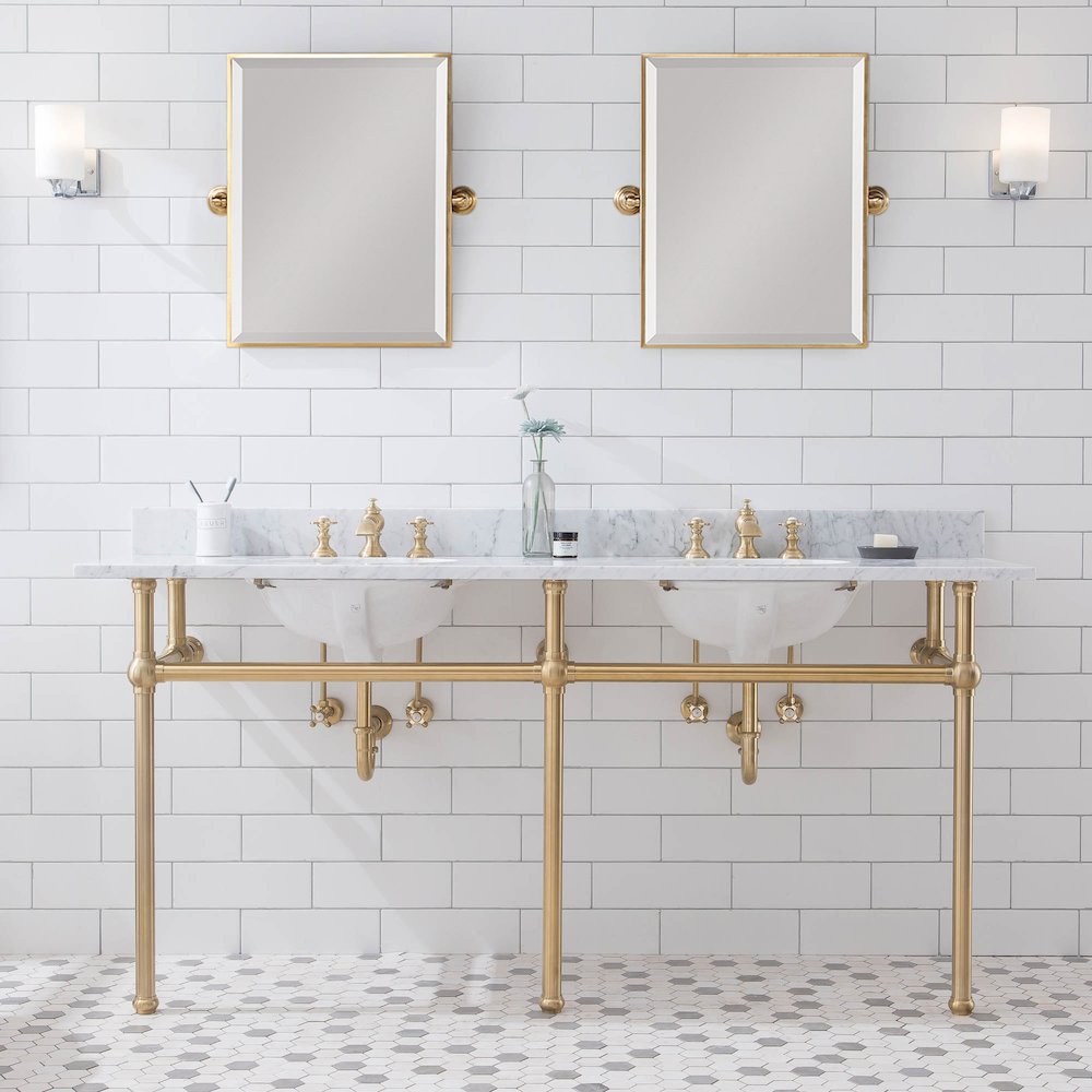 72 In. W. Double Wash Stand, P-Trap, Carrara White Marble Countertop