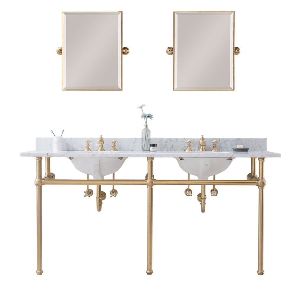 72 In. W. Double Wash Stand, P-Trap, Carrara White Marble Countertop