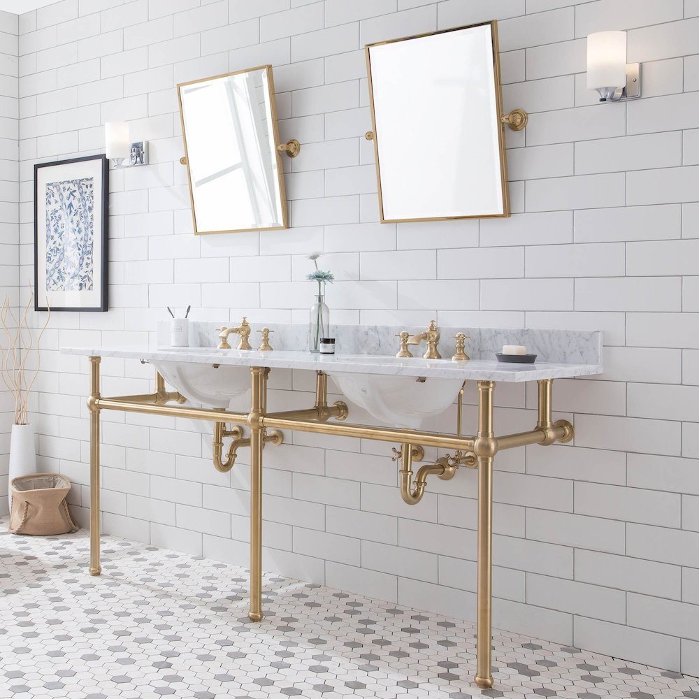 72 In. W. Double Wash Stand, P-Trap, Carrara White Marble Countertop