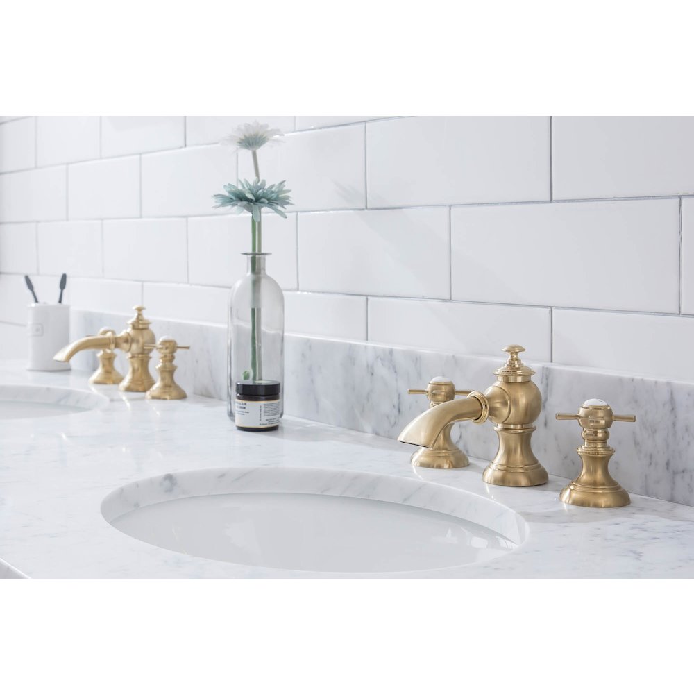 72 In. W. Double Wash Stand, P-Trap, Carrara White Marble Countertop