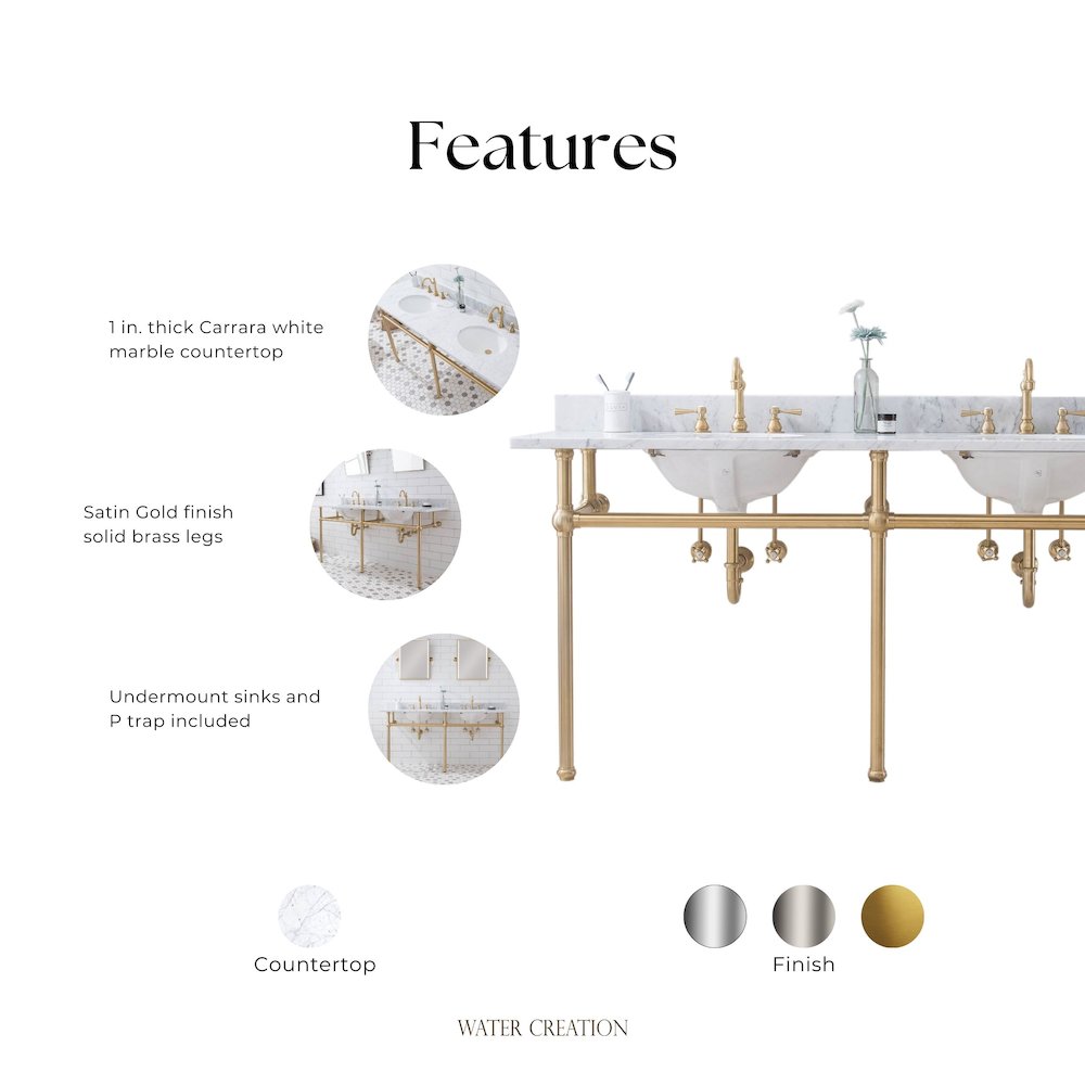 72 In. W. Double Wash Stand, P-Trap, Carrara White Marble Countertop
