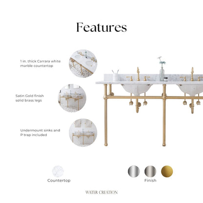 72 In. W. Double Wash Stand, P-Trap, Carrara White Marble Countertop