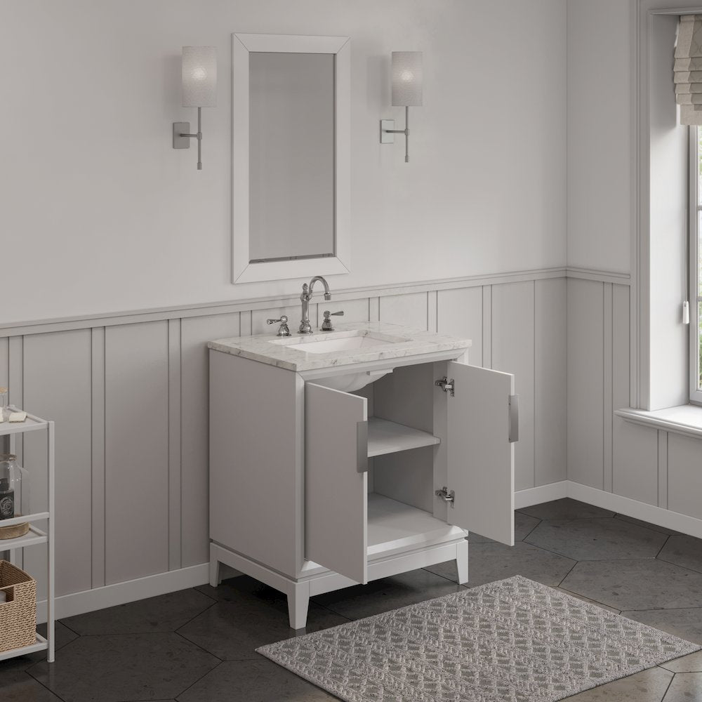 30 In. Single Sink Carrara White Marble Countertop Bath Vanity In Pure White