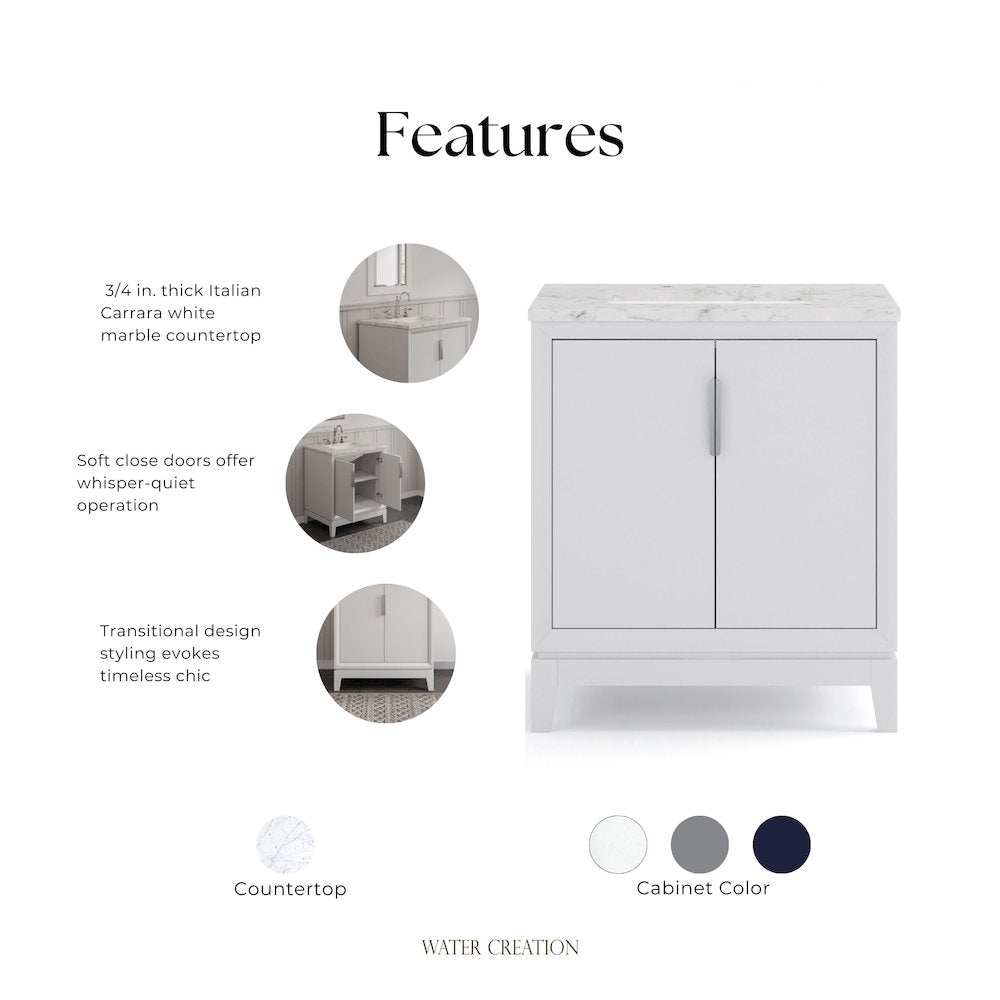 30 In. Single Sink Carrara White Marble Countertop Bath Vanity In Pure White