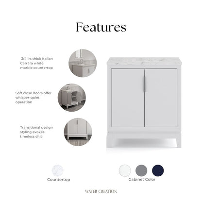 30 In. Single Sink Carrara White Marble Countertop Bath Vanity In Pure White