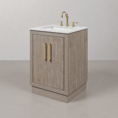 Hugo 24 In. Single Sink Carrara White Marble Countertop Bath Vanity in Grey Oak