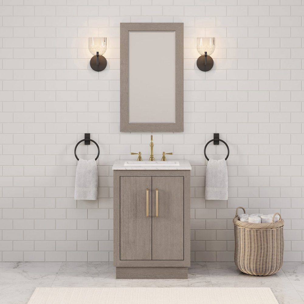 Hugo 24 In. Single Sink Carrara White Marble Countertop Bath Vanity in Grey Oak