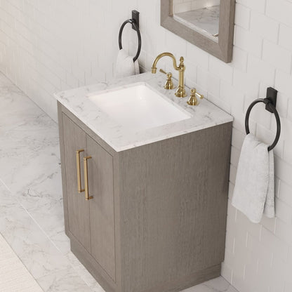 Hugo 24 In. Single Sink Carrara White Marble Countertop Bath Vanity in Grey Oak