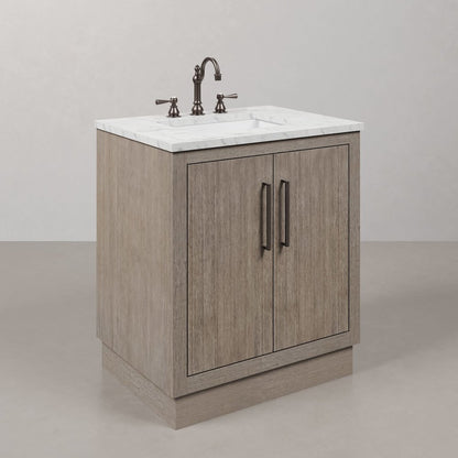 Hugo 30 In. Single Sink Carrara White Marble Countertop Vanity in Grey Oak
