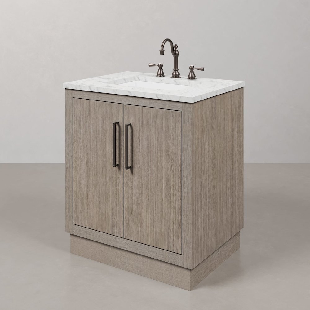 Hugo 30 In. Single Sink Carrara White Marble Countertop Vanity in Grey Oak