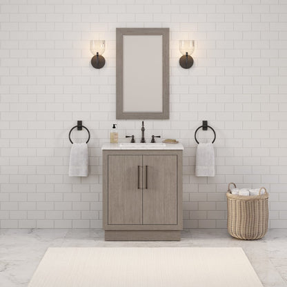 Hugo 30 In. Single Sink Carrara White Marble Countertop Vanity in Grey Oak