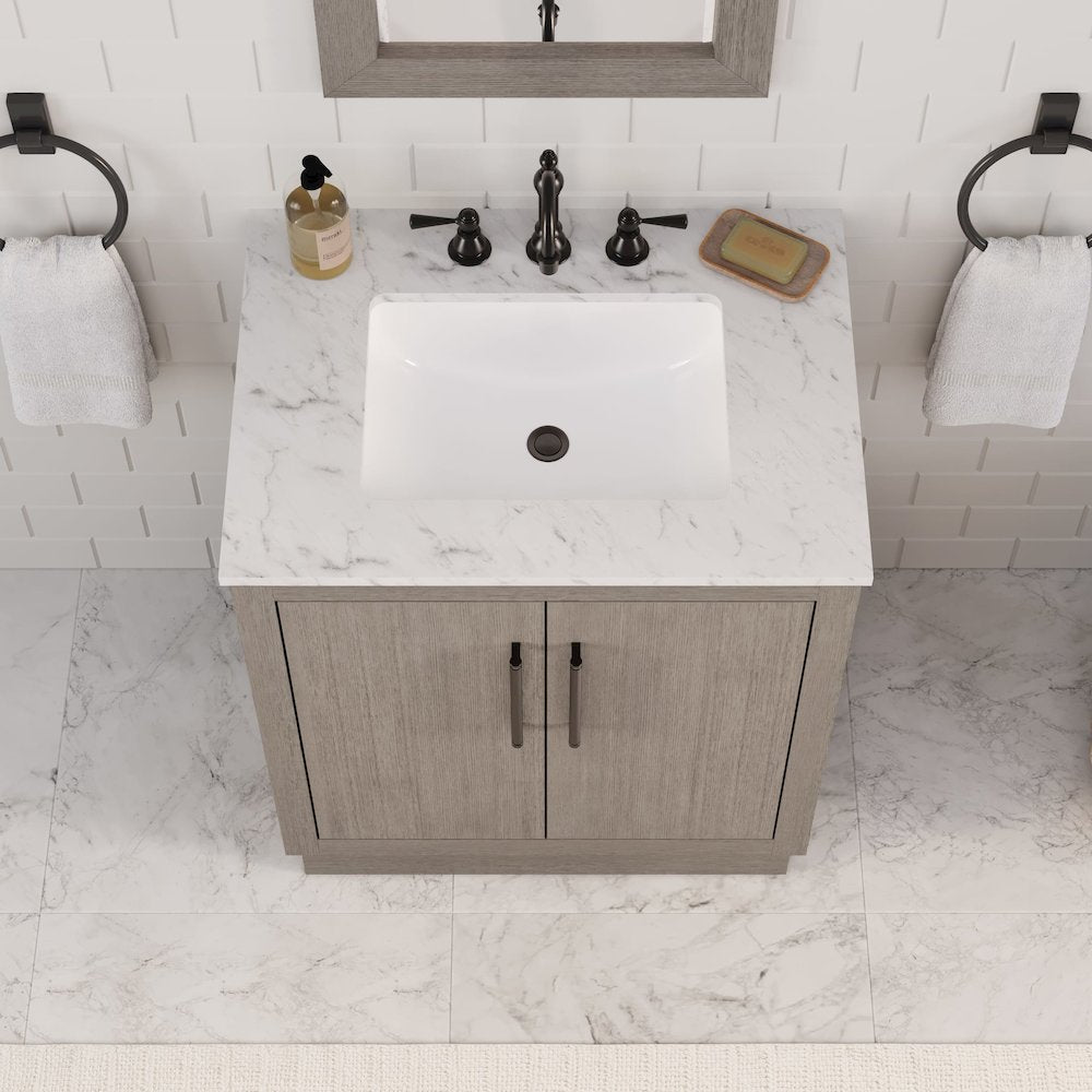 Hugo 30 In. Single Sink Carrara White Marble Countertop Vanity in Grey Oak
