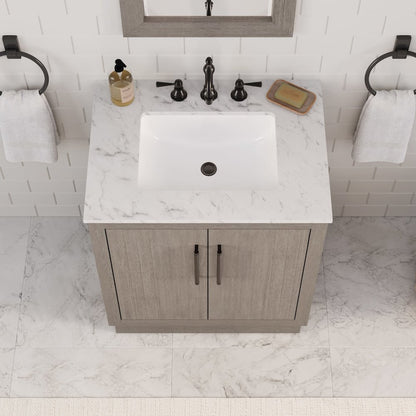 Hugo 30 In. Single Sink Carrara White Marble Countertop Vanity in Grey Oak