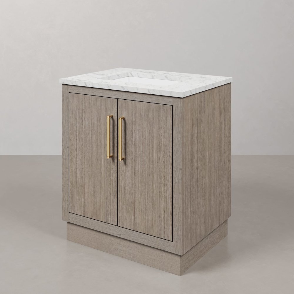 Hugo 30 In. Single Sink Carrara White Marble Countertop Bath Vanity in Grey Oak