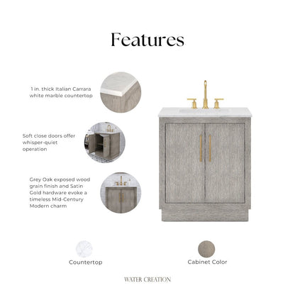 Hugo 30 In. Single Sink Carrara White Marble Countertop Bath Vanity in Grey Oak